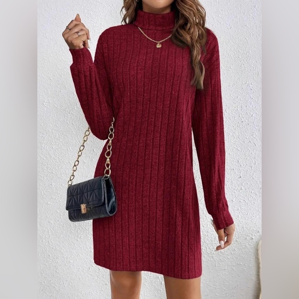 Ribbed Knit Turtleneck Mini Dress